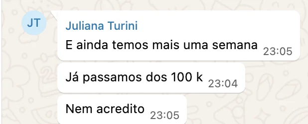 Print de depoimento: Juliana Turini, faturamento de R$100 mil