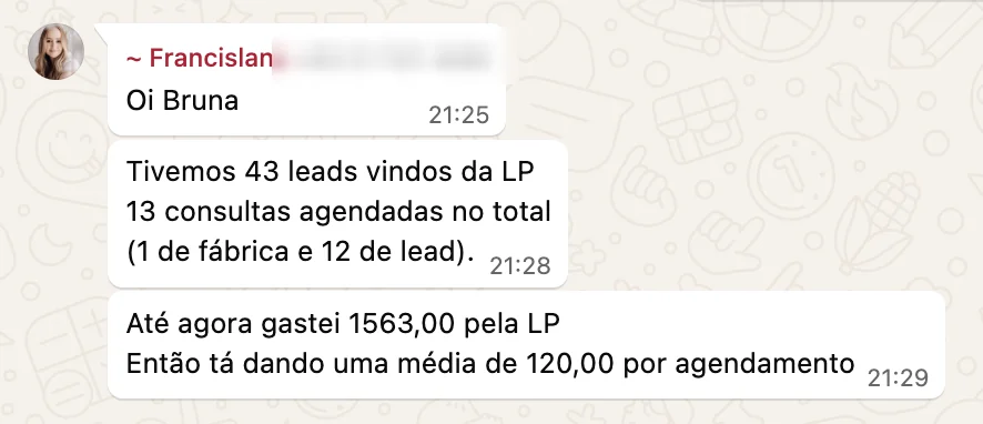 Print de depoimento: Francislane Crepalde, agendamentos a R$120 cada